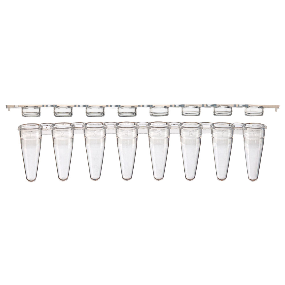Globe Scientific 0.1mL 8-Strip Tubes, Low Profile, with Separate 8-Strip Clear Flat Caps, Natural 